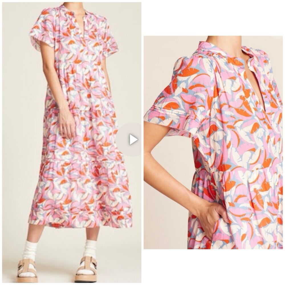 Birds of Paradis by TROVATA Pink Tropical Print Tiered Boho Midi Dress L - Picture 9 of 12